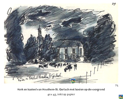 Kerk en kasteel van Houthem-St. Gerlach met koeien op de voorgrond